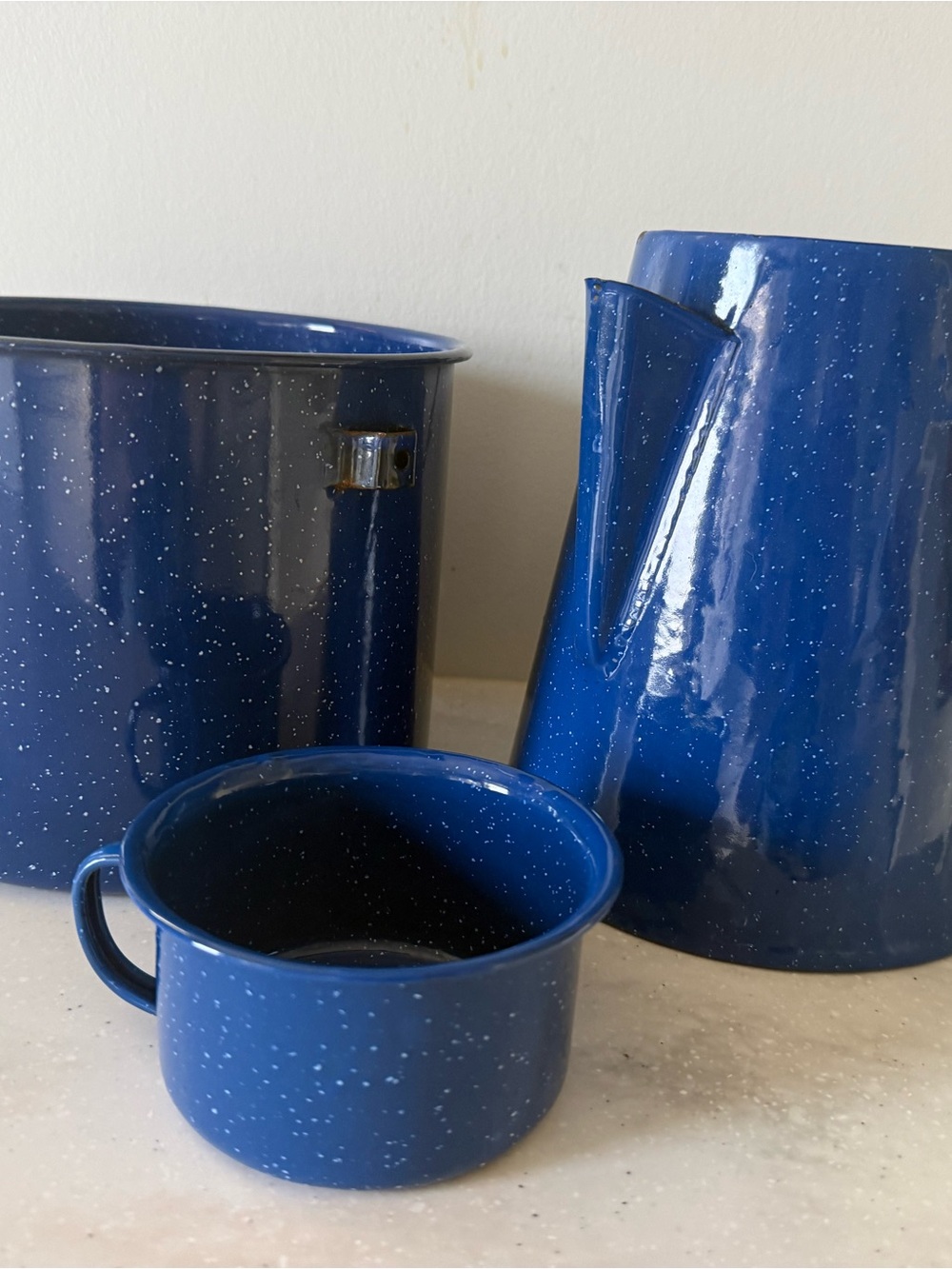 Blue Speckled Enamelware Pitcher, Pot & Cup Set